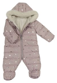 Lila šusťáková zimní kombinéza se srdíčky a kapucí George