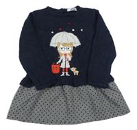 Tmavomodro-šedé vlněno/plátěné šaty s dívkou