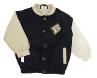 Tmavomodro-béžový šusťákový zateplený bomber s písmenem So Cute