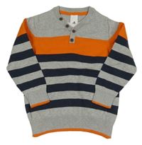 Šedo-tmavomodro-oranžový pruhovaný svetr C&A