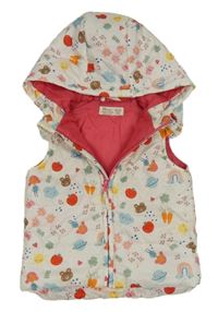 Bílo-barevná šusťáková zateplená vesta s obrázky a kapucí 