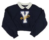 Tmavomodrá crop mikina s písmenem a bílým límečkem Pep&Co