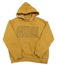 Okrová mikina s kamínky a nápisem a kapucí 