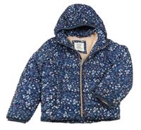 Tmavomodrá květovaná šusťáková zateplená bunda s kapucí C&A