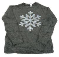 Tmavošedý chlupatý svetr s vločkou z flitrů C&A