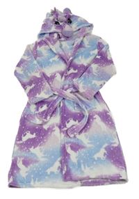 Fialovo-modrý chlupatý župan s kapucí - jednorožec 