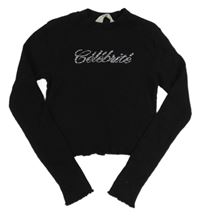 Černé žebrované crop triko s nápisem z kamínků H&M