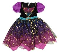 Kostým - Černo-filovo-modré sametovo/tylové šaty s měsíci a hvězdami - čarodějnice 