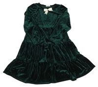 Tmavozelené žebrované sametové šaty s mašlí 