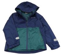 Tmavomodro-zelená šusťáková jarní funkční bunda s nápisem a kapucí Crane