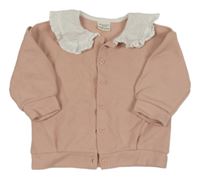 Růžový žebrovaný propínací svetr s límečkem 