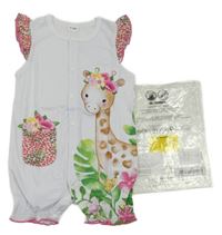 Nové - Bílo-barevný kraťasový overal s žirafou 