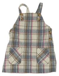 Bílo-šedomodro-růžovo-hnědé kostkované vlněné laclové šaty Primark