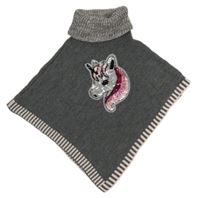 Šedé pletené pončo s jednorožcem a rolákem