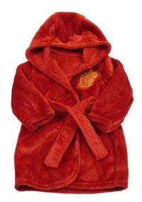 Červený chluatý župan s nášivkou Harry Potter a kapucí 