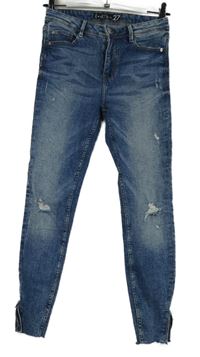 Dámské modré skinny roztřepené rifle s prošoupáním Amisu vel. 27