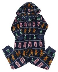 Tmavomodro-barevná chlupatá kombinéza s prasaty, soby a kapucí M&S