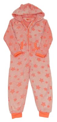 Neonově oranžová chlupatá kombinéza s hvězdami a kapucí Kiki&Koko