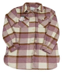 Nové - Fialovo-hnědo-bílá kostkovaná vlněná košilová bunda Primark