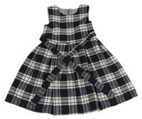 Tamvomodro-bílo-melírované kostkované šaty s páskem