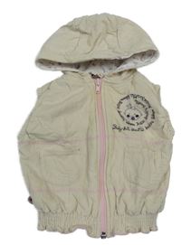 Světlebéžová manšestrová podšitá vesta s nápisem a kapucí 