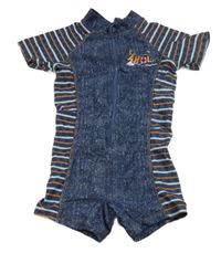 Tmavomodrý melírovano/pruhovaný UV overal s nápisem 