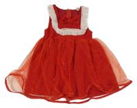 Červené sametovo/tylové třpytivé slavnostní šaty s perlami 