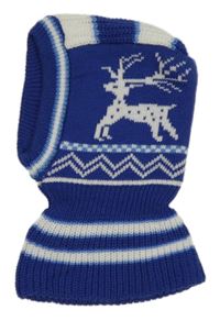 Modro-bílá pruhovaná pletená kukla s jeleny 