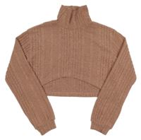 Světlerůžovo-šedý melírovaný žebrovaný crop svetr s rolákem 