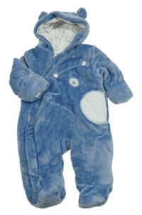 Světlemodrá plyšová zateplená kombinéza s medvídkem a kapucí Mothercare 