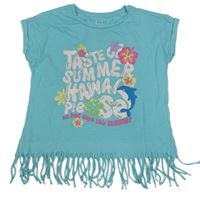 Tyrkysové tričko s nápisem a kytičkami C&A