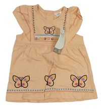 Světleoranžové melírované šaty s motýlky a volánky M&Co