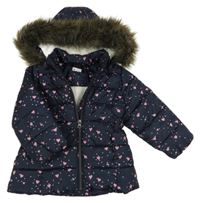 Tmavomodrá puntíkatá prošívaná šusťáková zimní parka se srdíčky name it.
