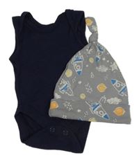 2Set - Tmavomodré nátělníkové body PRIMARK + šedá čepice s raketami My Baby 