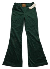 Nové - smaragdové flare plyšové kalhoty s koženkou s nášivkou s ptáčky 