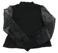 Černý úpletový crop rolák s organzovými balonovými rukávy PEP&CO