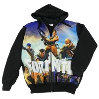 Černo-tmavofialovo-modro-mátová propínací teplá mikina s Fortnite a kapucí
