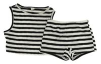 2Set - Černo-bílý pruhovaný úpletový crop top + kraťasy SHEIN