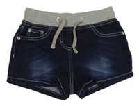 Tmavomodré teplákové riflové kraťasy se šedým úpletovým pasem John Baner