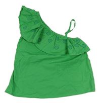 Zelený plátěný asymetrický top s volánkem s madeirou George