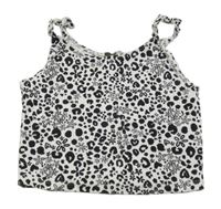 Bílo-černý vzorovaný žebrovaný crop top s květy a srdíčky a volánky George