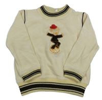 Smetanovo-tmavohnědá sametovo/pletená mikina s obrázkem 