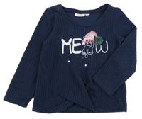 Tmavomodrá žebrovaná úpletová mikina s kočičkou a flitry a překřížením Kids