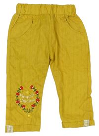 Hořčicové pruhované  kalhoty s kytičkami 
