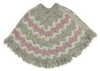 Šedo-bílo-růžové vzorované svetrové pončo