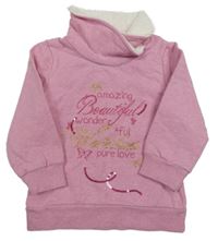 Růžová melírovaná mikina s nápisem s motýly a komínovým límcem Topolino