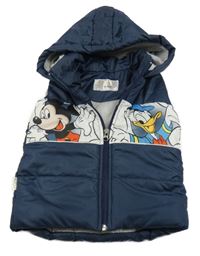 Tmavomodro-bílá šusťáková zateplená vesta s Mickeym s Donaldem a kapucí