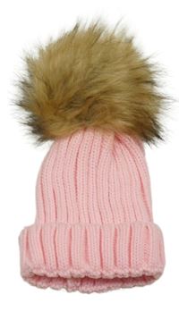 Růžová pletená čepice s bambulí