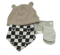3set - Hnědá žebrovaná bavlněná čepice s oušky + černo-světlešedý kostkovaný slinták s Mickyem + smetanové puntíkaté rukavičky