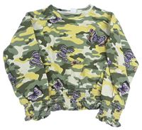 Army žluto-zeleno-bílá crop oversize mikina s motýlky Lindex